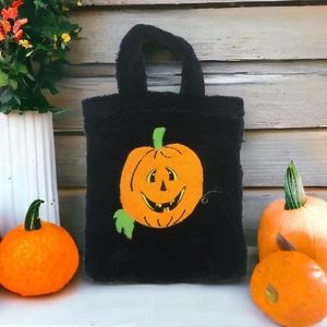 Black Faux Fur Halloween Pumpkin Tote Bag Size 11"w x 14"t